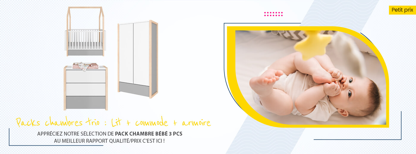 Pack chambre bébé Trio pas cher : Lit, commode et armoire pour chambre de bébé